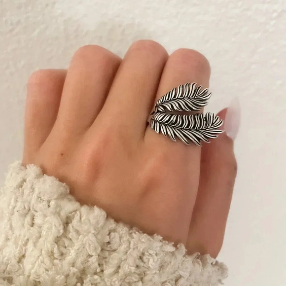 925 Sterling Silver Large Fan Palm Leaf Ring Feather Ring Chunky Statement Ring - Picture 4 of 8